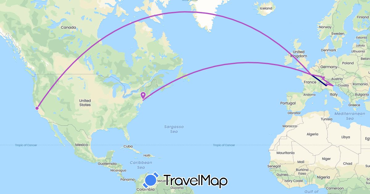 TravelMap itinerary: driving, train in Switzerland, Germany, France, Italy, United States (Europe, North America)